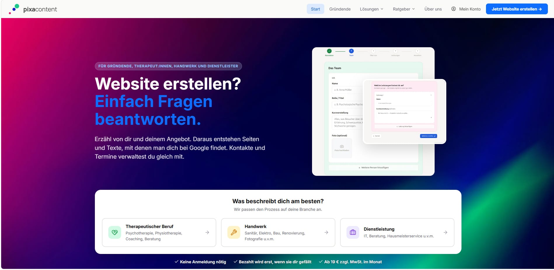 Screenshot der PixaContent-Startseite mit KI-gestützter Website-Erstellung